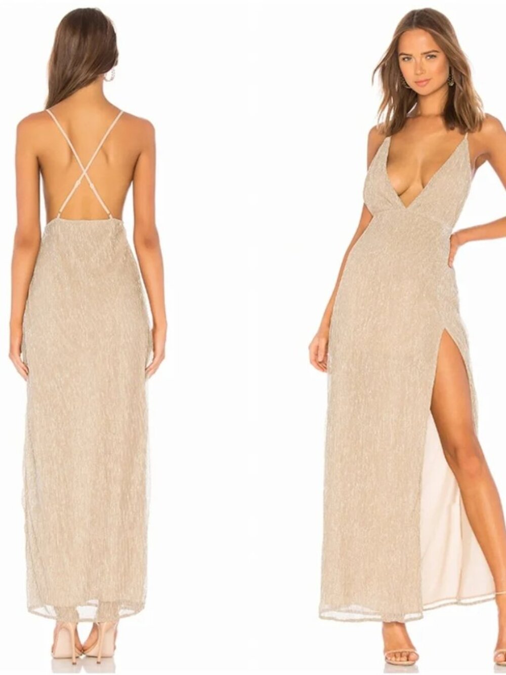 SUPERDOWN Hailee High Slit Maxi Dress Womens Small Gold Metallic V Neck Party